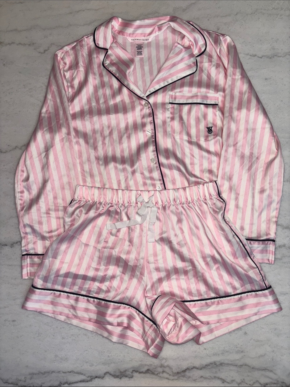 Victoria's Secret Pink/ White Striped Satin Pajama Set Long Sleeve W/ Shorts XS